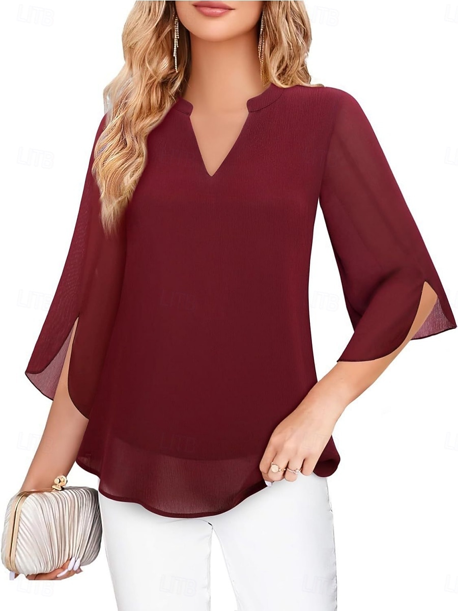 Women's Blouse Solid Color Elegant Stylish Casual 3/4 Length Sleeve V Neck Regular Tops Daily Pink Wine Red Royal Blue Green Summer Spring 2026 - $21.99 –P16