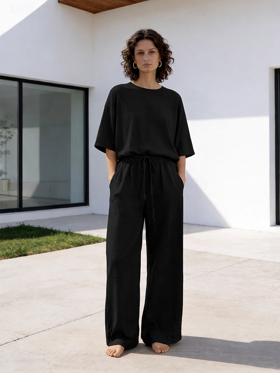 Completo pantaloni da donna in lino al 15%, completo in lino, tinta unita, tasca, elastico in vita, t-shirt, pantalone, casual, a maniche lunghe, girocollo, blu, nero, bianco, blu navy, marrone chiaro, estate, primavera del 2026 a $37.99 –P4
