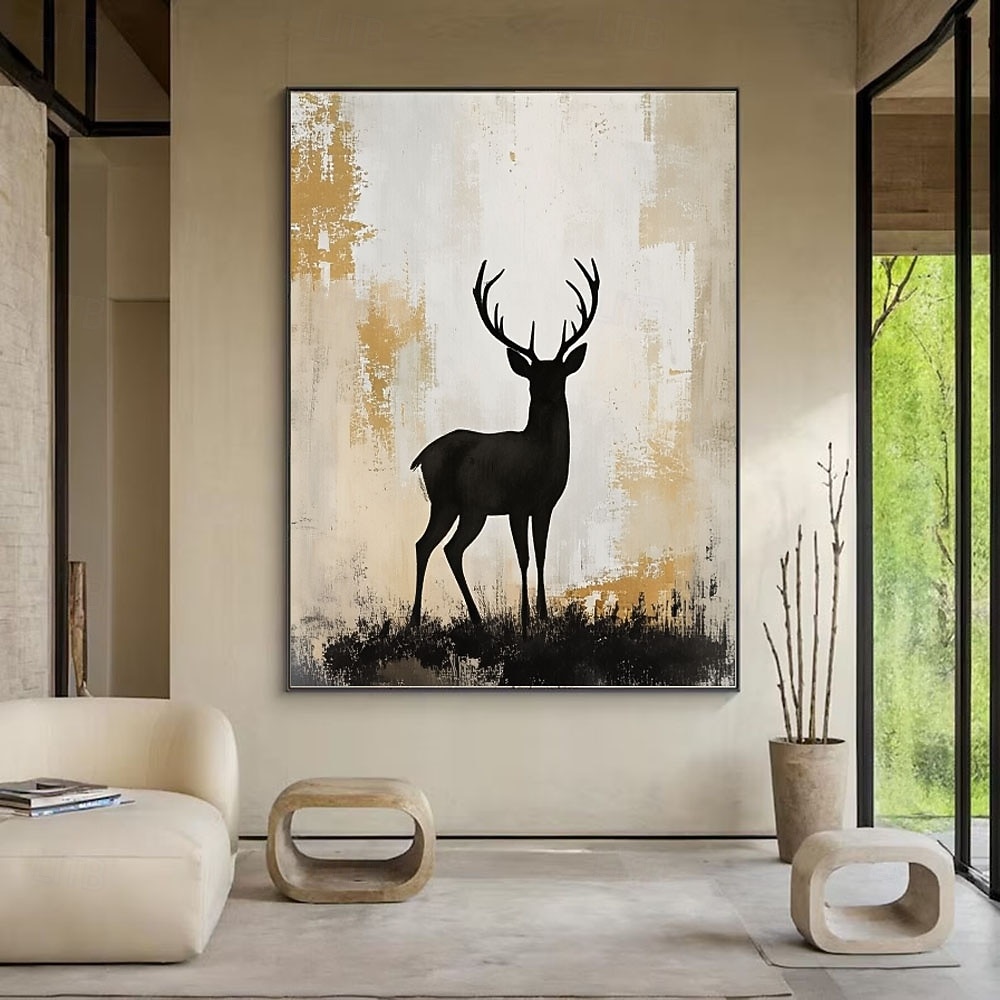 Large oil painting handmade Black Deer Abstract Painting Gray Gold ...