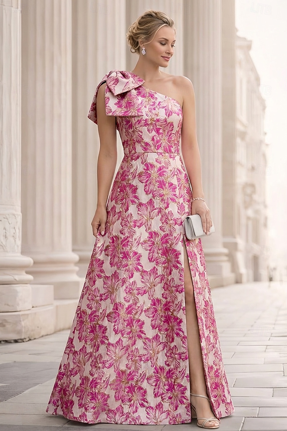 Linea ad A Lunghezza al pavimento Abito da Sera Elegante Senza Maniche Monospalla Matrimonio Formale Tasca Jacquard Shiena scoperta con Fiocco/Fiocchi Pieghe Spacco del 2026 a $154.79 –P4