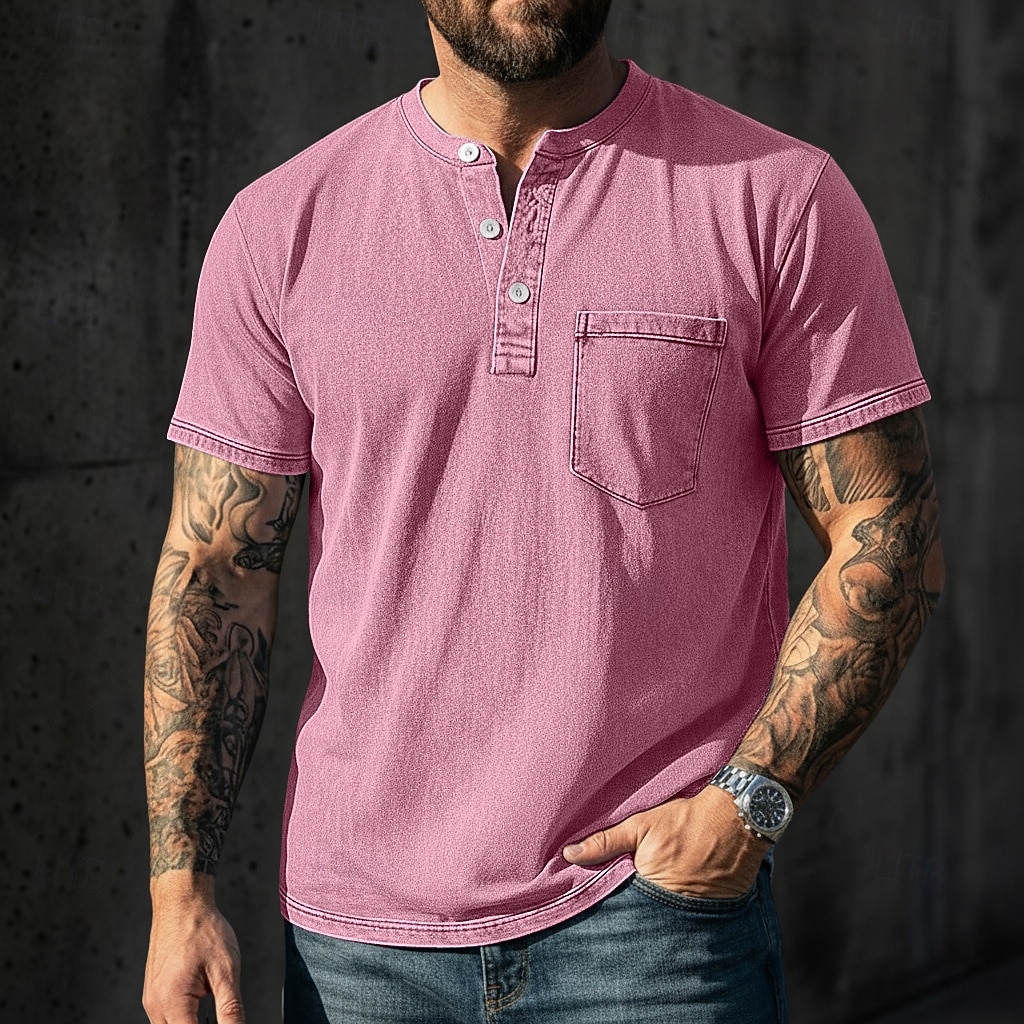 Pánské Tričko Henley Košile ze 100% bavlny Tričko Tričko Krátký rukáv Jednobarevné Retro Na běžné nošení Retro styl Barvení oděvů Vybledlý Henley Ležérní Léto Jaro Podzim Světlá růžová Šedá Tričko 2026 - $31.99 –P5