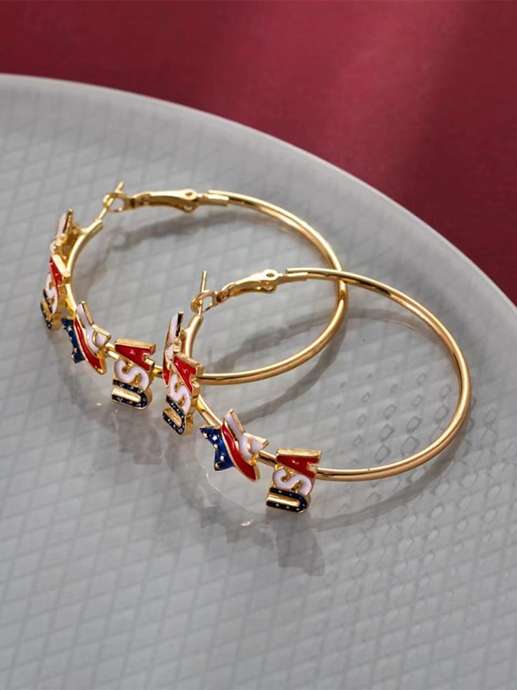 עגילי חישוק לנשים מסגסוגת בנושא ארה"ב, כוכבים אדומים, לבנים וכחולים, מושלמים לציון 250 שנה לארה"ב, יום העצמאות וללבוש יומיומי קז'ואל 2026 - $11.99 –P3