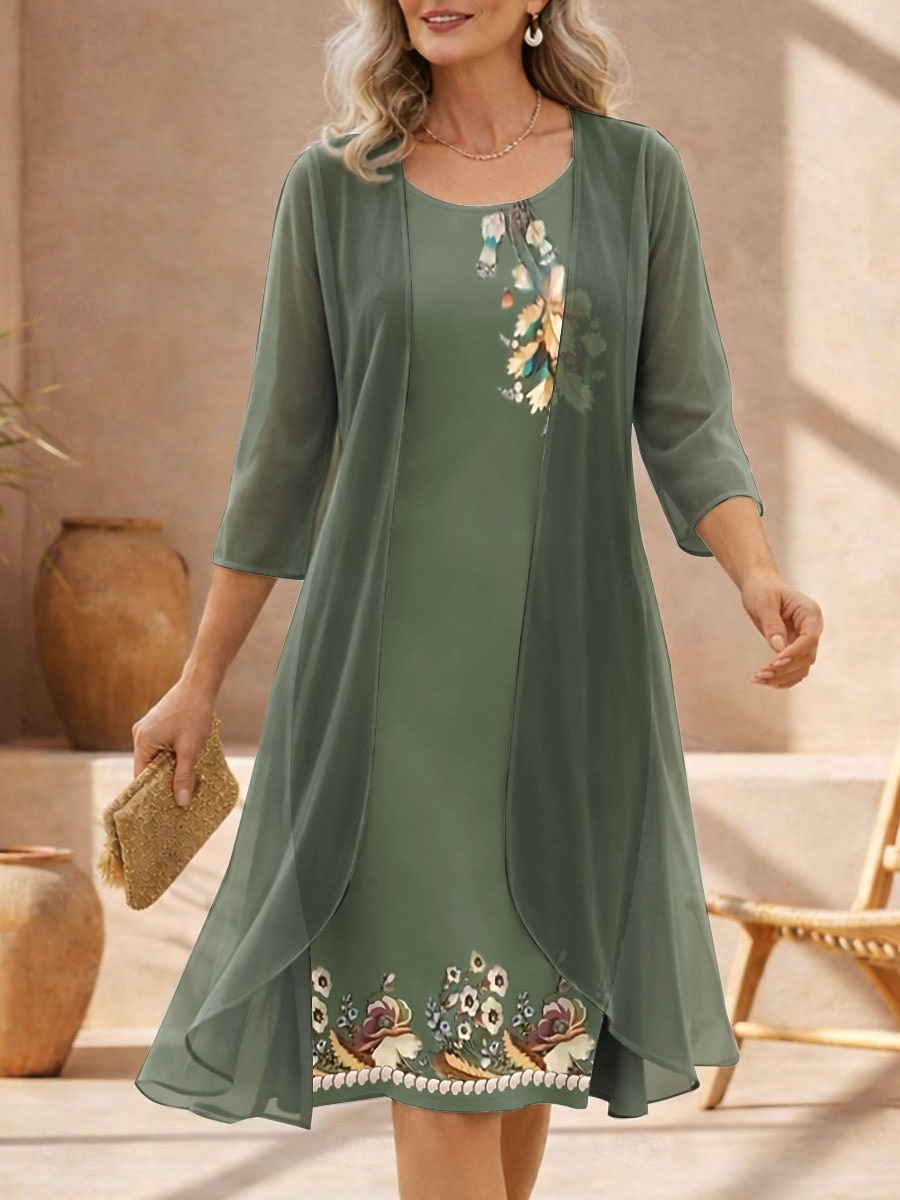 Per donna Insieme del vestito Abito a Tubino Abito Estivo Elegante Floreale Grafico Stratificato Stampato Abito Midi Manica 3/4 Girocollo Quotidiano Vacanza Blu Viola Verde Estate Primavera del 2026 a $43.99 –P1