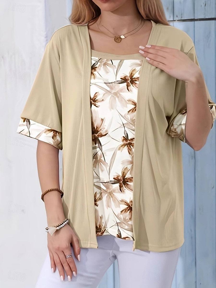 Damen Bluse Patchwork Blumen Elegant Urlaub Lässig Halbarm Quadrathals Normale Oberteile Täglich Himmelblau Purpur Grün Khaki Sommer Frühling 2026 - $24.99 –P4