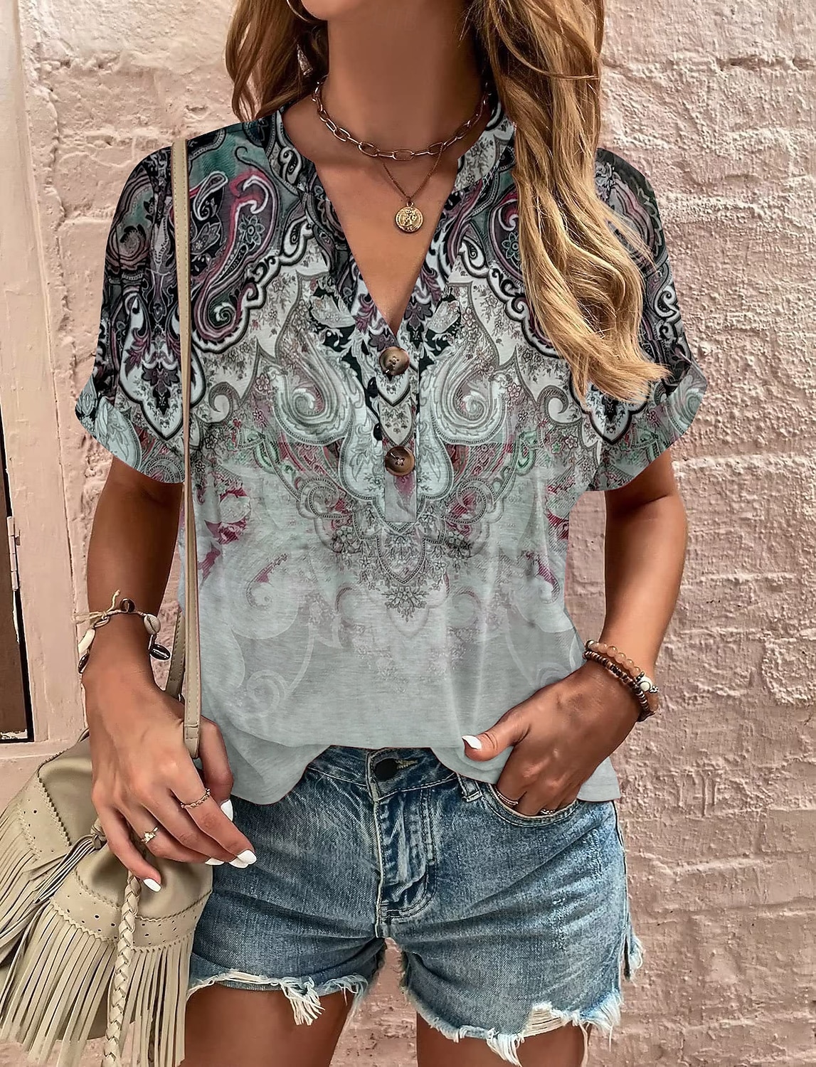 Mujer Camiseta Camiseta superior Botones Estampado Ombre Floral Graphic Bohemia Vintage Manga Corta Escote en Pico Tops largos Diario Noche Fin de semana Azul Piscina Morado Verde Trébol Verano 2026 - $21.99 –P2
