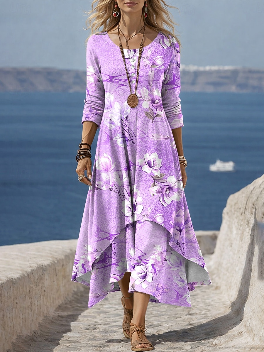 Dames Halflange jurk Hemdjurk Casual Dagelijks Feestdagen Normale pasvorm Bloemig Grafisch Lange mouw Strakke ronde hals blauw Blozend Roze Paars Groen Zomer Lente 2026 - $48.99 –P3