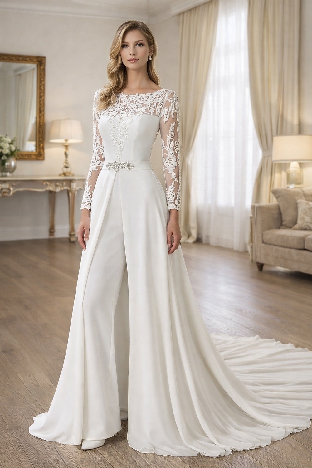 Ολόσωμη φόρμα Μακρύ Φορεματα για γαμο Απλός Καθημερινό Μακρυμάνικο Λαιμός ψευδαίσθησης Δαντέλα Ύφασμα Stretch με Ζωνάρια / Κορδέλες Κρυστάλλινη λεπτομέρεια Διακοσμητικά Επιράμματα 2026 - $183.99 –P1