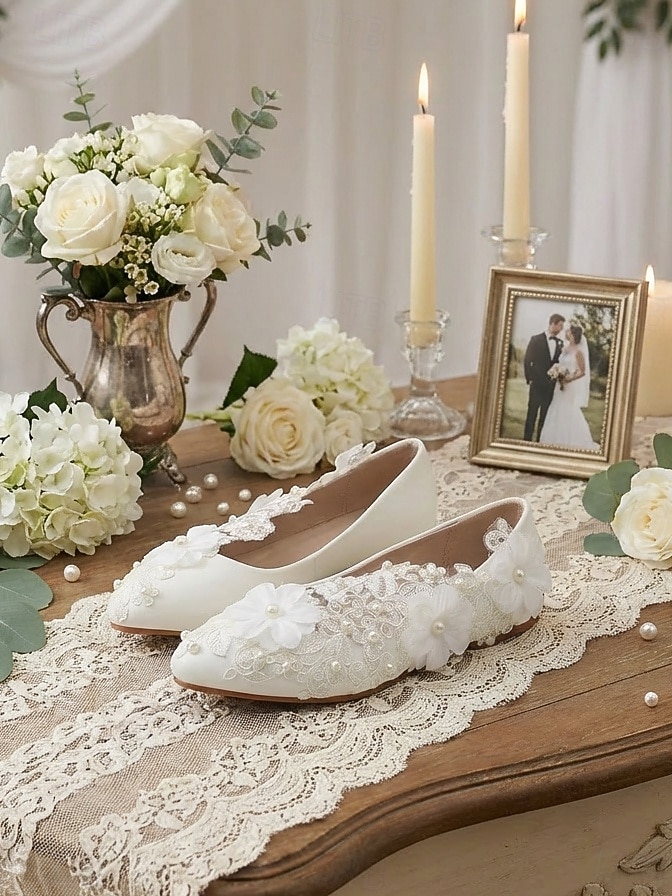 Women's Ivory Lace Floral Pearl Flat Shoes, Romantic Bridal Flats for Outdoor Garden Weddings 2026 - $46.99 –P2