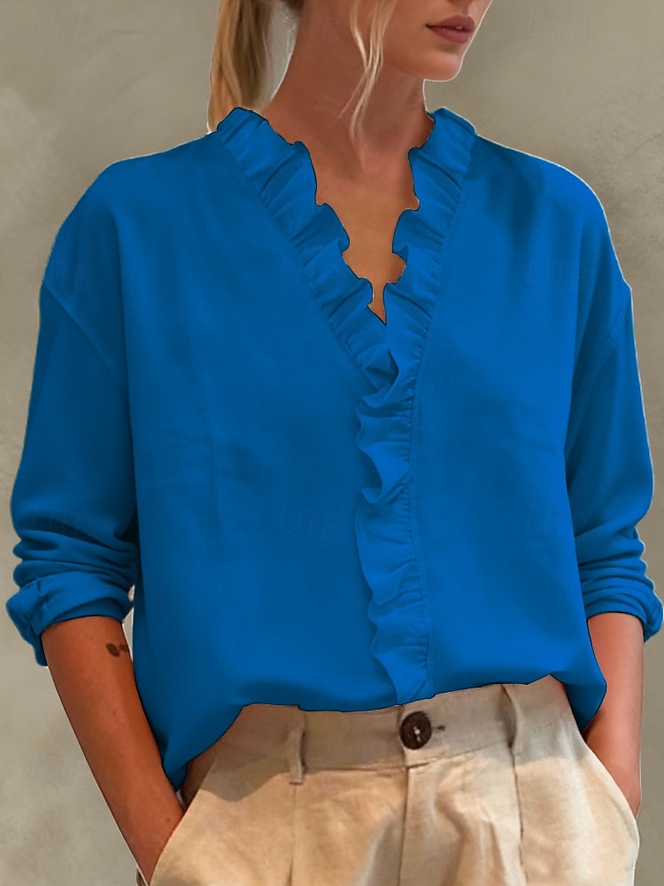 Women's Linen-feel Shirts Blouse Ruffle Solid Color Stylish Basic Casual Long Sleeve V Neck Regular Tops Daily Blue White Pink Royal Blue Green Spring Fall 2026 - $21.99 –P6