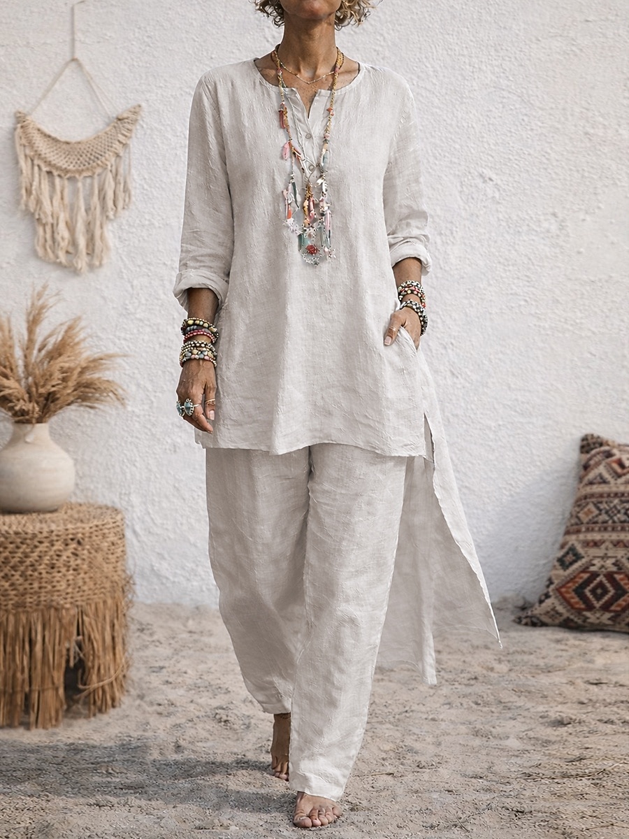 Mujer Camisa Conjunto con tacto de lino Conjuntos de lino y algodón Pantalones de pierna ancha Manga Larga Escote en Pico Plano Moda Ropa de calle Diario Casual Diario Azul Piscina Negro Blanco Verano 2026 - $28.99 –P3
