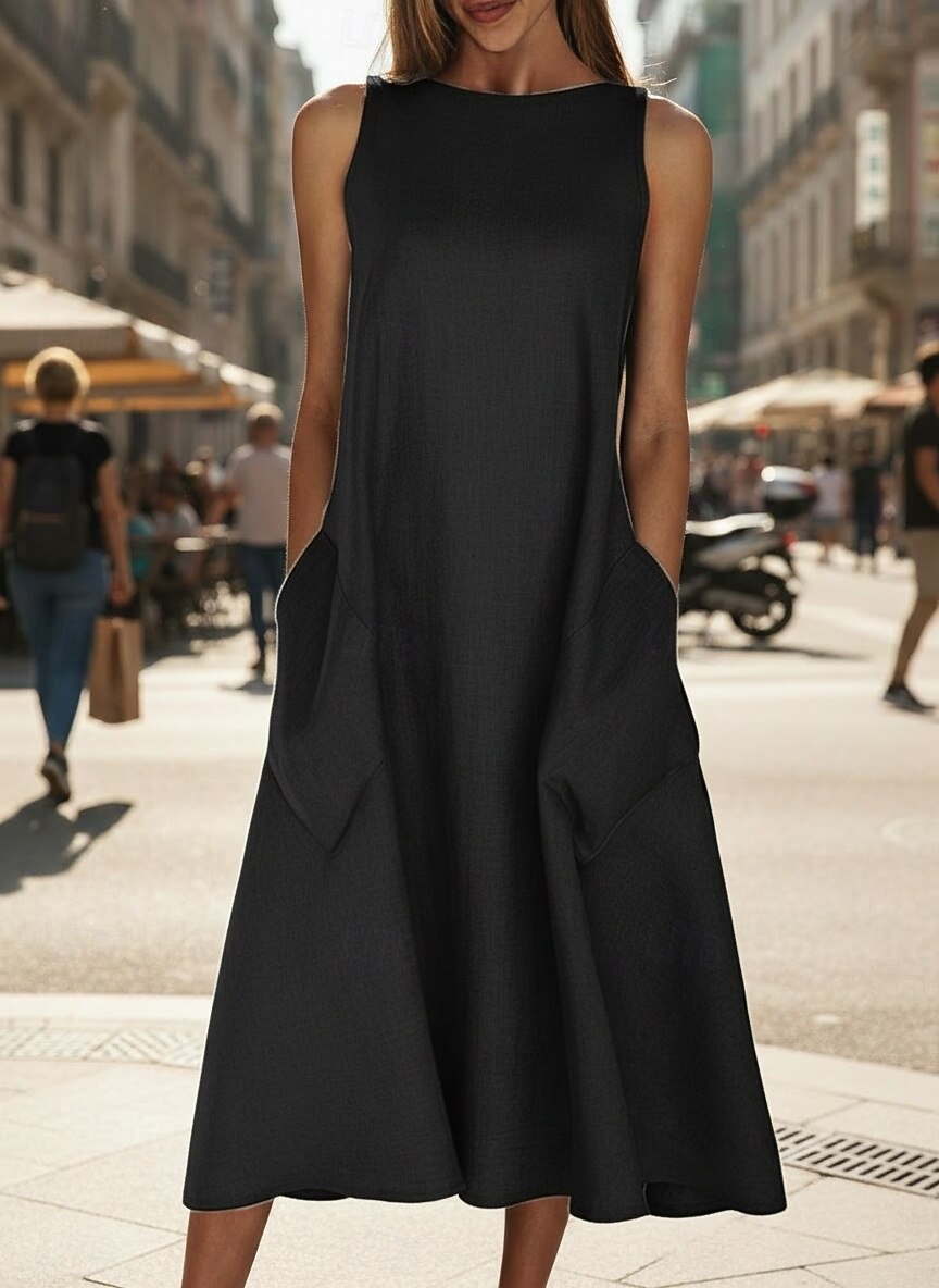 женское платье миди без рукавов карманы повседневный силуэт А-силуэт круглый вырез белый летний универсальный стандартный крой удобный легкий дышащий одежда одежда 2026 - $41.99 –P2