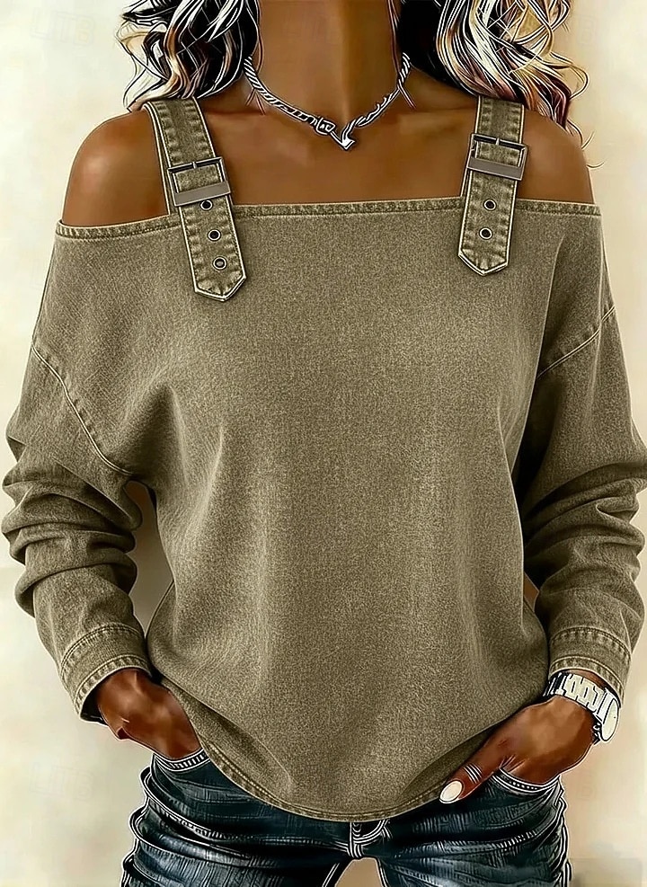 Mujer Blusa Espalda al Aire Color sólido Elegante Vacaciones Vintage Manga Larga Hombros Caídos Tops regulares Diario Exterior Ropa de calle Azul Piscina Bleu Ciel Tela caqui oscura Negro Azul Oscuro 2026 - $28.99 –P5