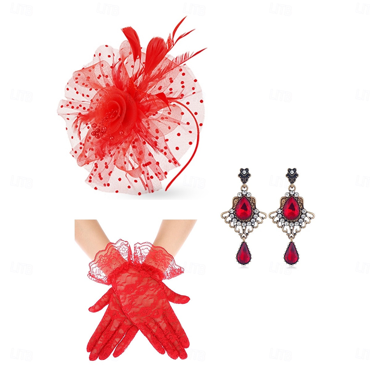 Conjunto Guantes Fascinador Pendientes Dama Floral Disfraz Mujer Mascarada Fiesta de Té Pañuelo Festival de carreras de caballos Adulto Tocados Guantes Pendientes Todas las Temporadas 2026 - $29.99 –P4