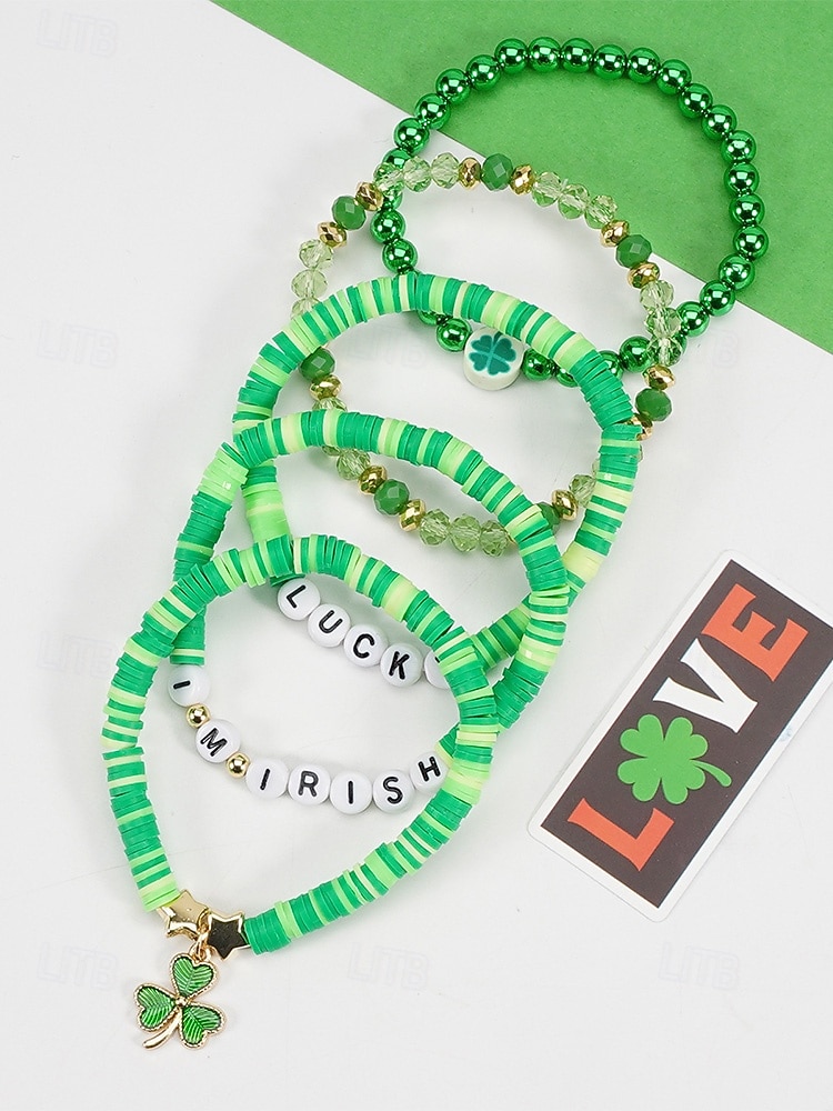 Set de brățări cu mărgele pentru femei de Ziua Sfântului Patrick, brățări cu pandantive din rășină și aliaj, bijuterii cu litere irlandeze cu trifoi în mai multe stiluri, perfecte pentru parade de sărbători, petreceri și ținute festive 2026 - $9.99 –P7