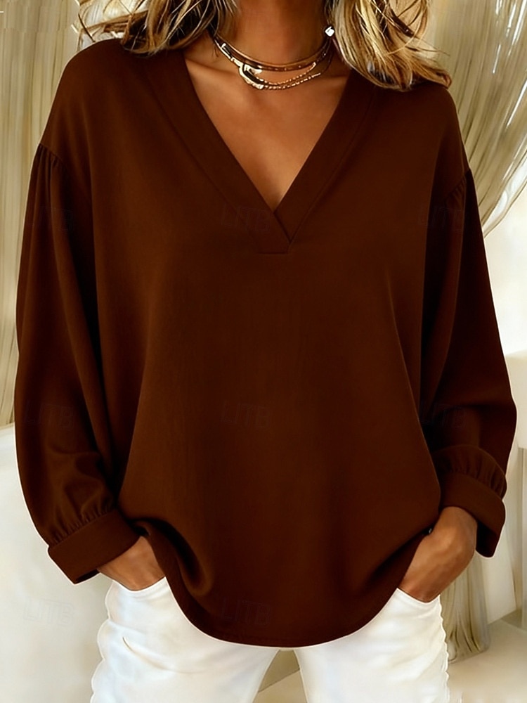 Mulheres Blusa Camisa de algodão Côr Sólida Diário à moda Básico Manga Longa Decote V Tops regulares Diário Azul Rosa Marron Bege Primavera Outono de 2026 por $21.99 –P6