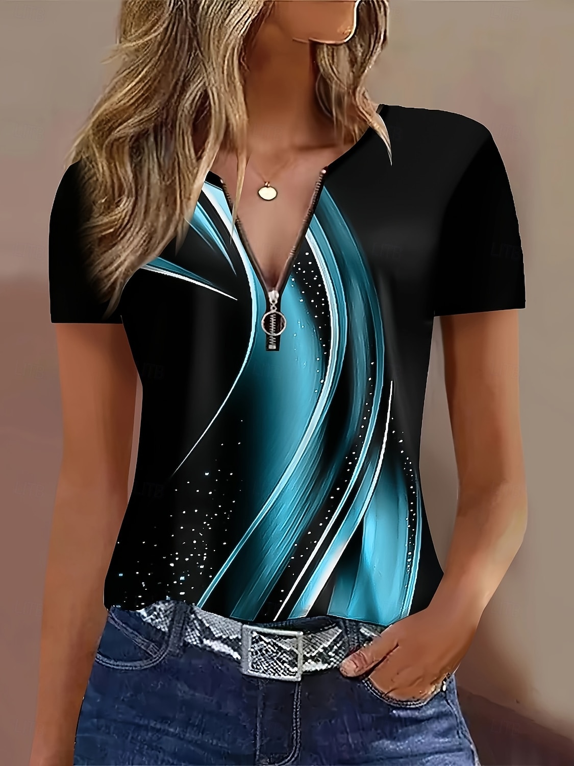 Pentru femei Tricou Quarter Zip Grafic Geometric Tropical Hawaiană Stilat Manșon scurt Stil Nautic Topuri obișnuite Nunta pe plaja Zilnic Sport Albastru piscină Mov Vară Primăvară 2026 - $21.99 –P1