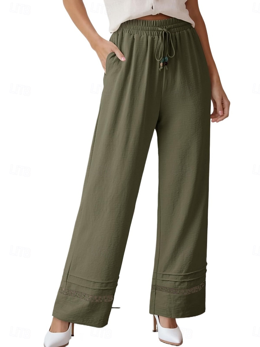 Women's Wide Leg Trousers Casual Pants Vacation Fashion Streetwear Full Length High Waist Plain Lace Elastic Waist Comfortable Breathable Inelastic Daily Vacation Street Black Almond Military Green 2026 - $29.99 –P7