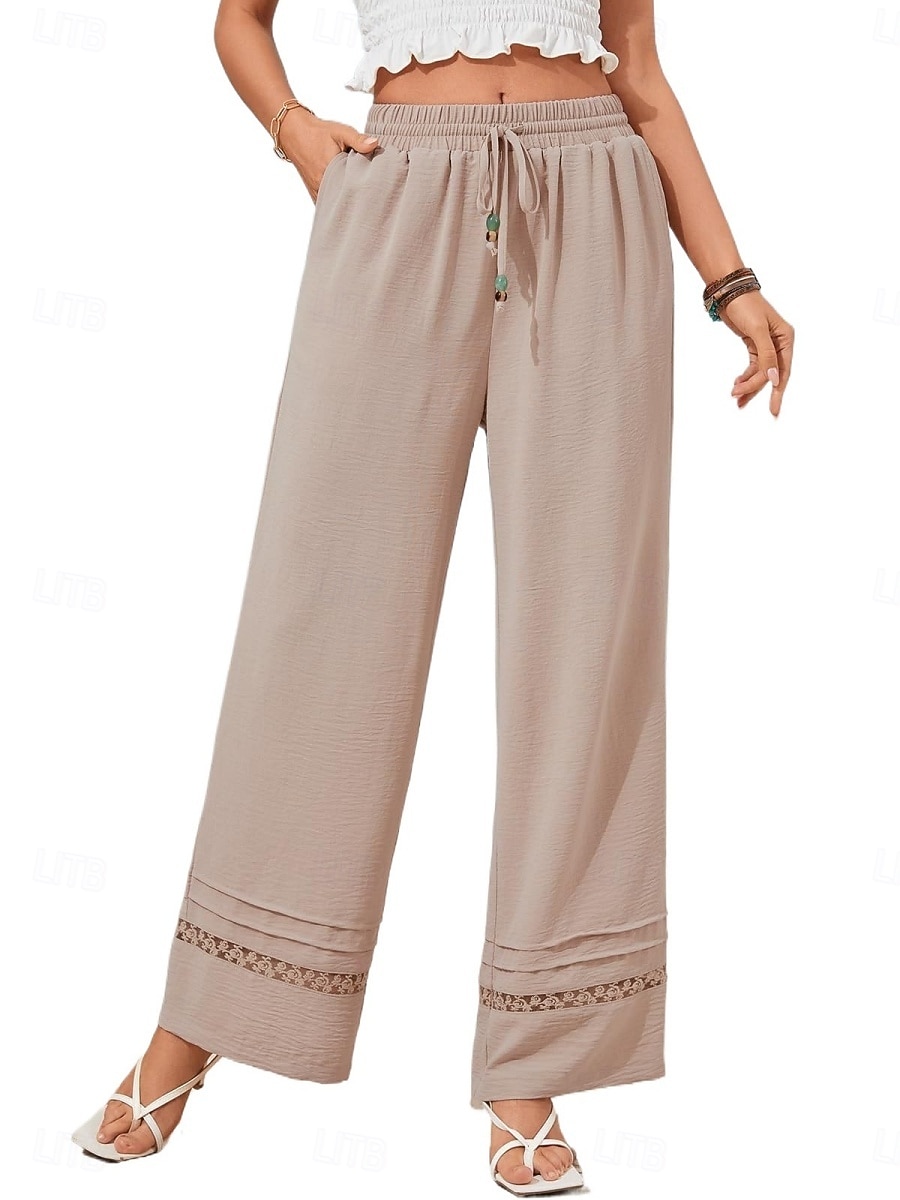 Women's Wide Leg Trousers Casual Pants Vacation Fashion Streetwear Full Length High Waist Plain Lace Elastic Waist Comfortable Breathable Inelastic Daily Vacation Street Black Almond Military Green 2026 - $29.99 –P17