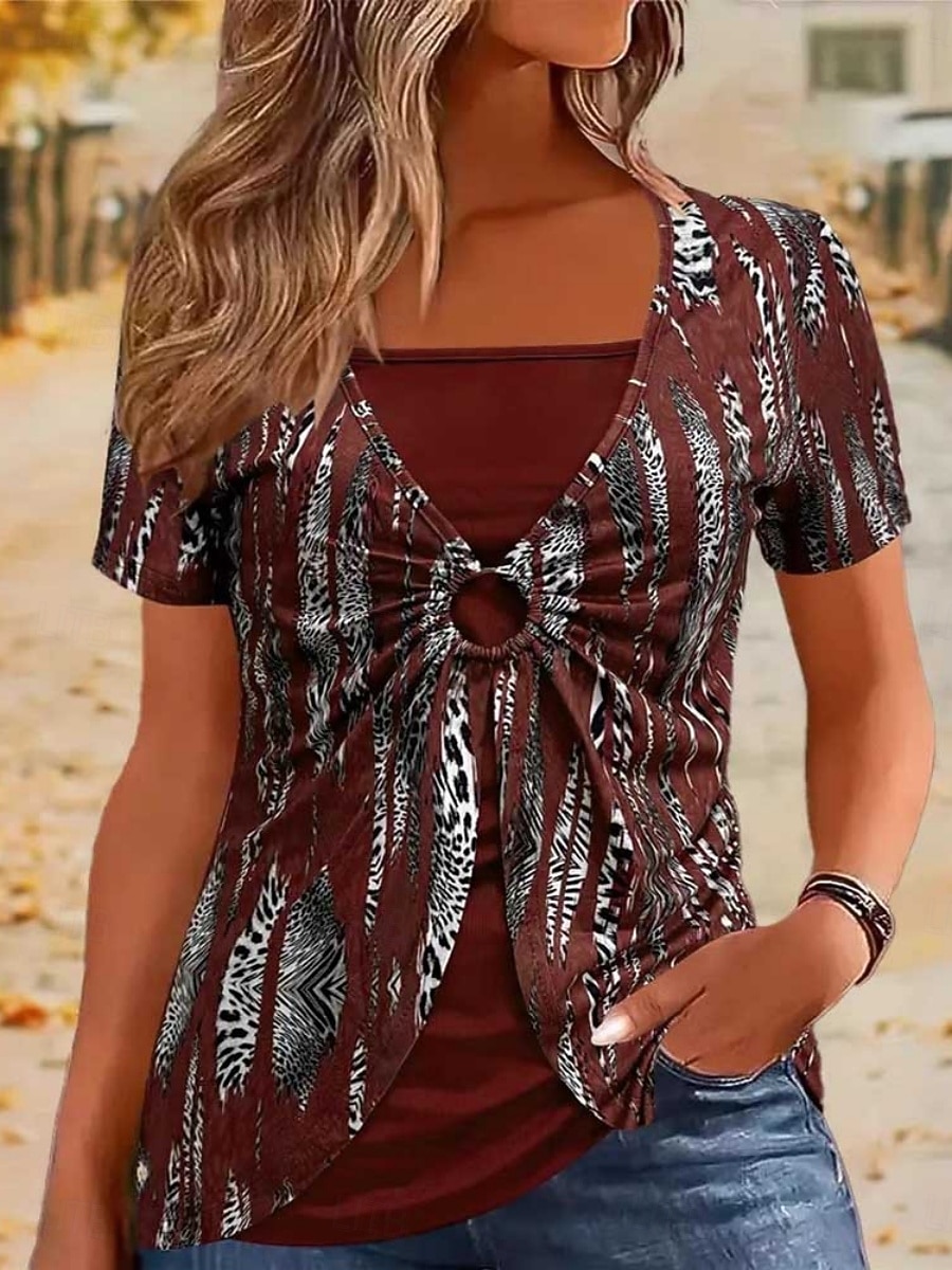 Mujer Camiseta Camiseta superior Retazos Estampado Bloque de color Moda Elegante Casual Manga Corta Cuello Barco Tops regulares Diario Noche Fin de semana Azul Piscina Negro Vino Verde Trébol Café 2026 - $22.99 –P3