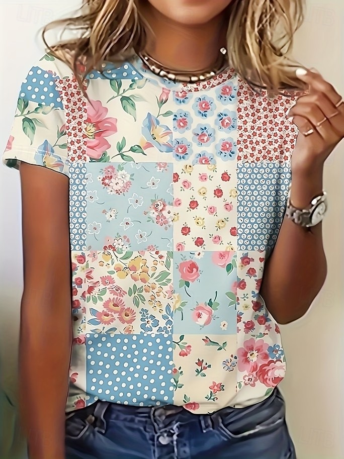 Per donna Maglietta Stampato Floreale Grafico Paisley Bohemien Vintage Elegante Manica Corta Girocollo Scollo a V Top lunghi Quotidiano Uscire Weekend Blu Nero Verde chiaro Viola Verde Estate del 2026 a $7.99 –P14