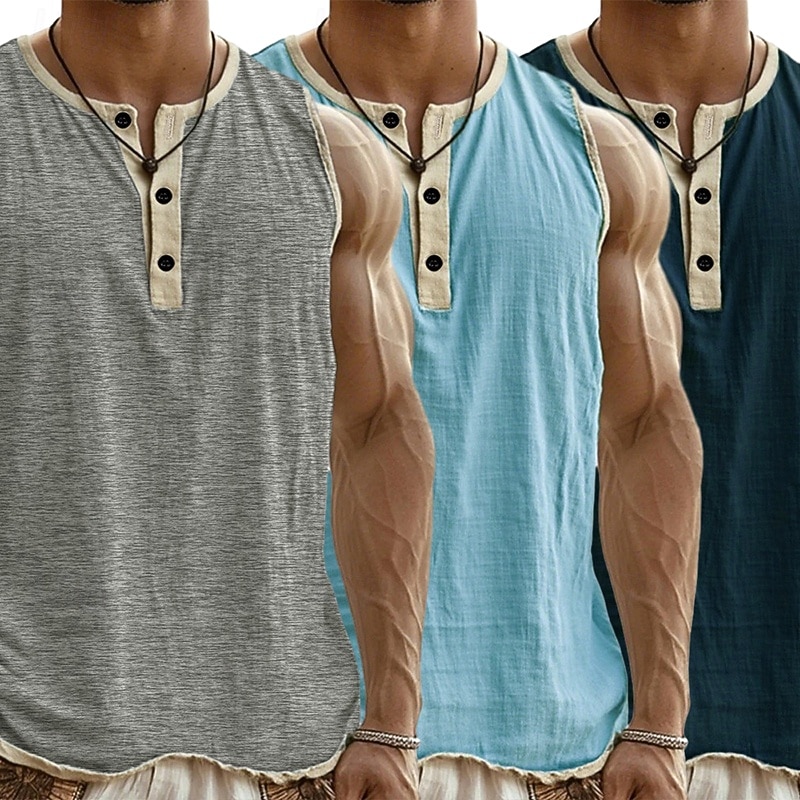 3-delt flerpakning singlet for menn, singlet, ermeløs, henley-skjorte, sommer, enkel, motedesigner, enkel, avslappet, ferie, gate, abc-topp, t-skjorte for menn 2026 - $37.99 –P4