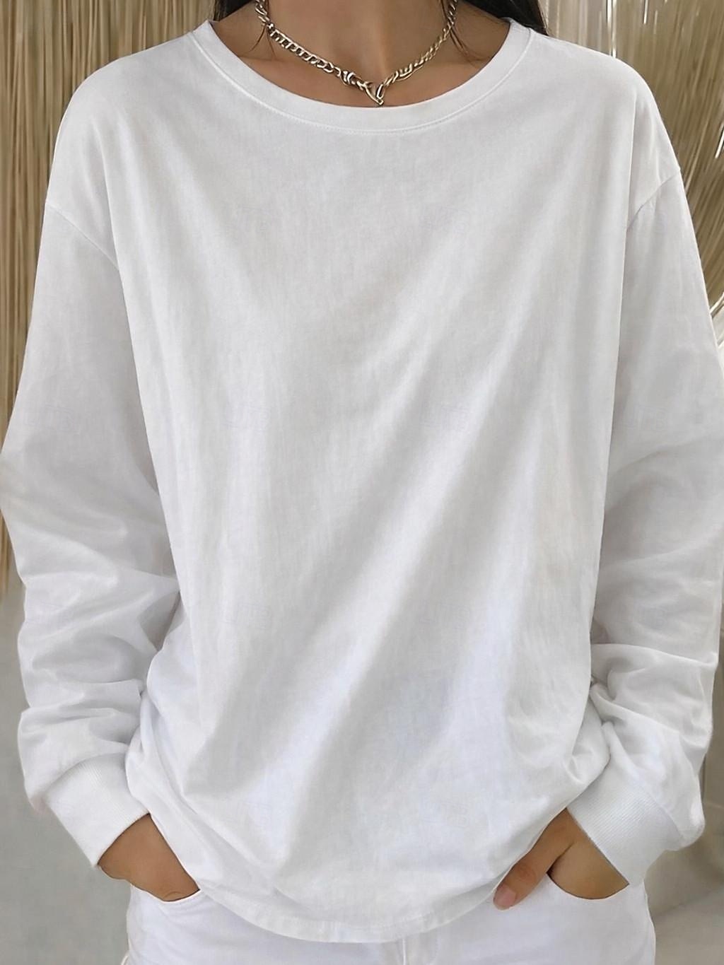 Women's 100% Cotton T Shirt Solid Color Vintage Stylish Classic Long Sleeve Crew Neck Regular Tops Daily Going out Black White Spring Fall 2026 - $21.99 –P2