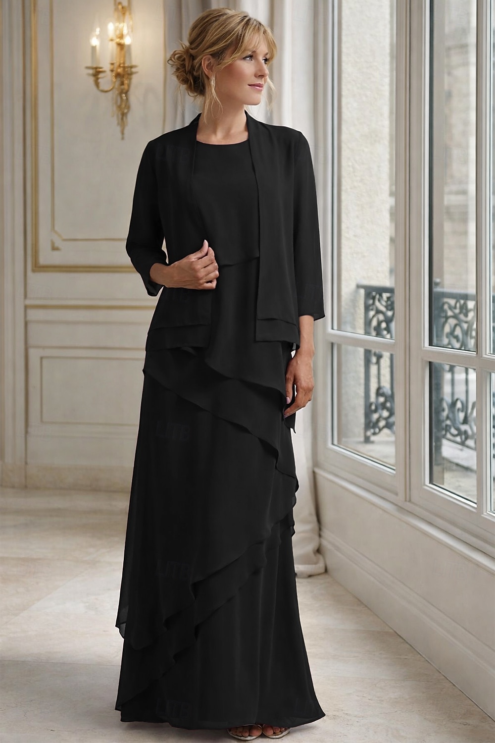 Tvådelad A-linje Golvlång Bröllopsgästklänning Klänning till brudens mor Ärmlös Prydd med juveler Elegant Bröllopsgäst Bröllopsfest Chiffong Sjal inkluderad med Fallande volanger Enfärgat 2026 - $153.99 –P8