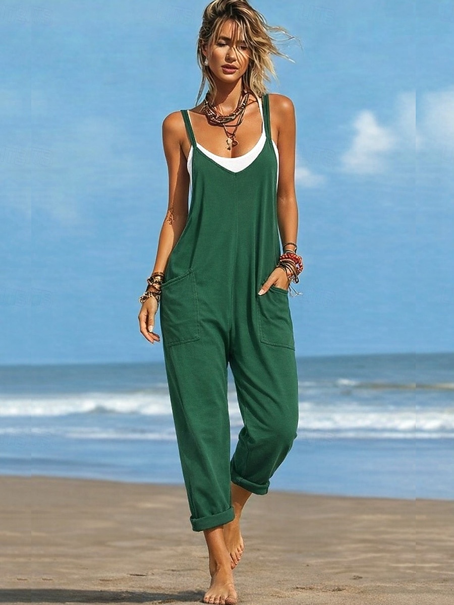 2026年 女性用 標準 ジャンプスーツ 活発的 純色 ノースリーブ Ｖネック ポケット 日常 ビーチ ルーズフィット ブラック ワイン パープル 夏  コレクション – $25.99 –P6