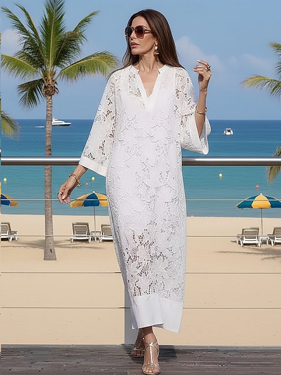 Femmes Robe maxi Robe en dentelle blanche Robe fourreau Occasionnel Quotidien Plage Coupe Ample Uni Manche 3/4 Col en V Blanche Été Printemps Automne de 2026 ? $41.99 –P3