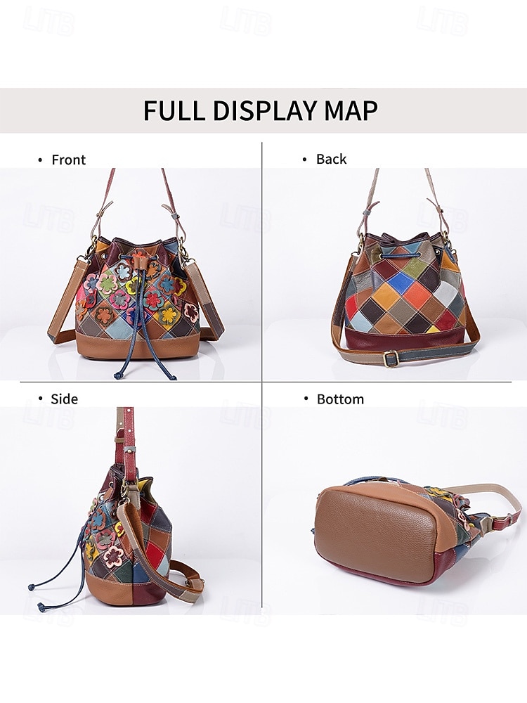 Women's Bohemian Leather Bucket Bag, Multicolored Floral Design, Versatile Wear, Adjustable Shoulder Straps, Perfect for Casual Daily Use 2026 - $54.99 –P11
