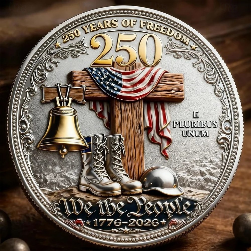 Pamětní mince amerického veterána s motivem „In God We Trust“ k 250 letům svobody, výzva k vyzvání, limitovaná edice z let 1776-2026 s orlem, vojenskými botami, Zvonem svobody a americkou vlajkou. 2026 - $19.99 –P3
