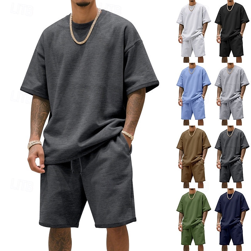Męskie T-shirt Garnitury 2 sztuki stroje Koszulka i spodenki Krótki rękaw Półgolf Lato Równina Moda Codzienny 2-częściowa Codzienny Urlop Dzienne zużycie Zgniła zieleń Czarny Biały Top Tee dla 2026 - $31.99 –P1