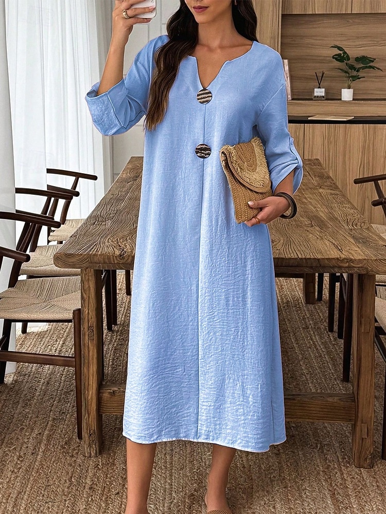 Mujer Vestido Midi Vestido de cambio Vestido informal Vestido de Algodón Moda Moderno Diario Fin de semana Holgado Plano Manga Larga Escote en Pico Azul Piscina Blanco Rosa Verde Trébol Verano 2026 - $33.99 –P3