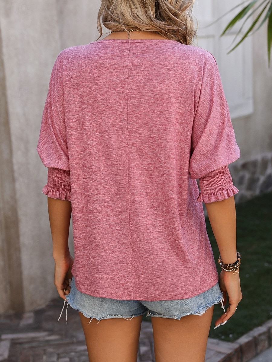 Damen T Shirt Rüsche Einfarbig Vintage Stilvoll Klassisch Dreiviertelarm V Ausschnitt Normale Oberteile Täglich Schwarz Rosa Marineblau Fuchsie Grün Sommer Frühling 2026 - $25.99 –P17