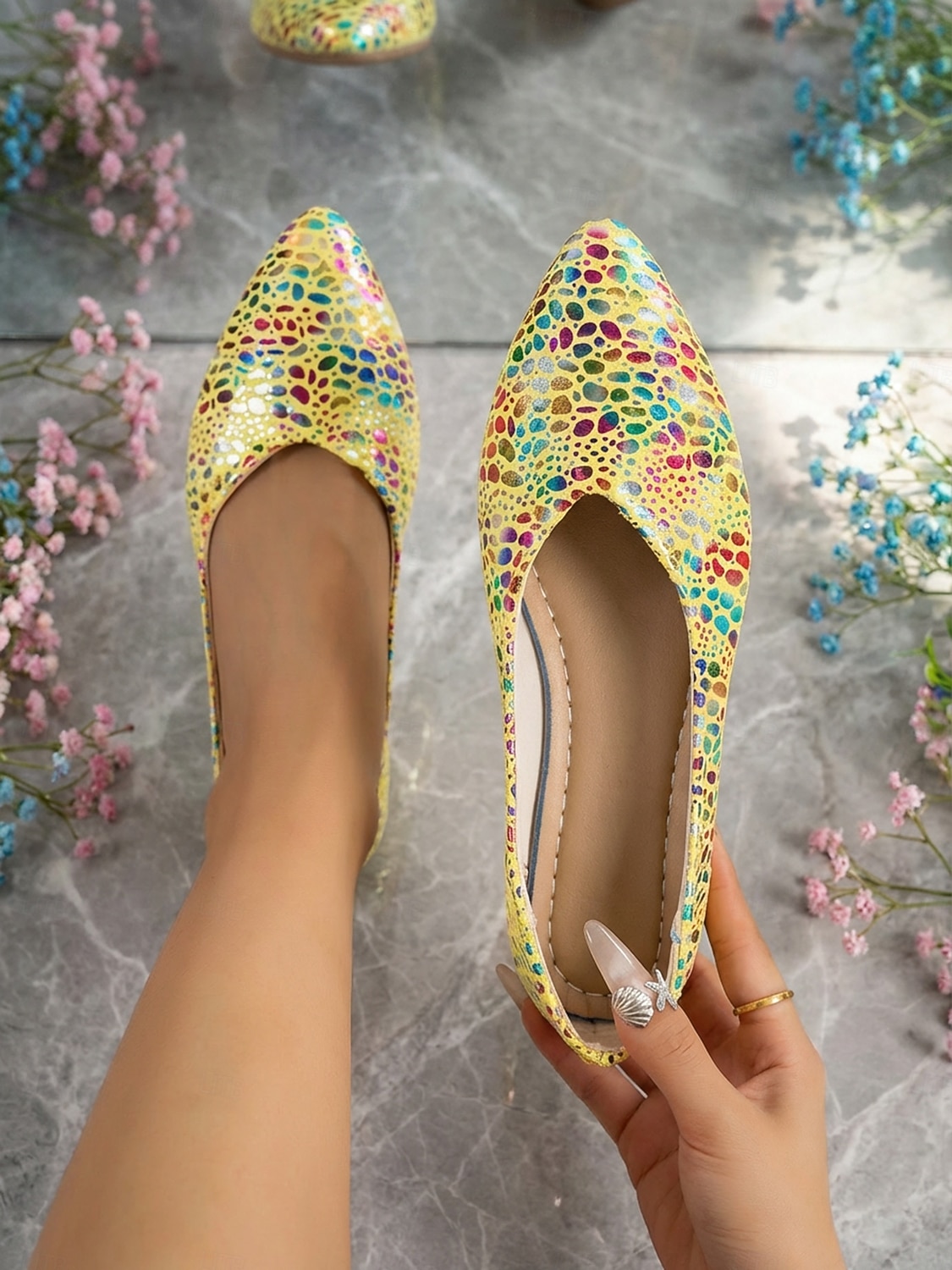 Gelbe Ballerinas mit Print für Damen – farbenfrohes Punktmuster, spitze Zehenpartie, bequemer Tragekomfort für jeden Tag, ideal für Freizeitaktivitäten, Brunch, Shoppingtouren und Reisen. 2026 - $19.99 –P6