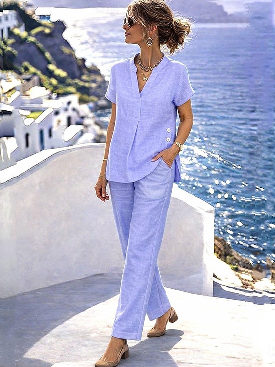 Mujer Conjunto con tacto de lino Conjuntos de pantalones Bolero Manga Corta Escote en Pico Color sólido Moda Ropa de calle Casual Diario Exterior Azul Piscina Blanco Azul Marino Oscuro Verano Ajuste 2026 - $41.99 –P9