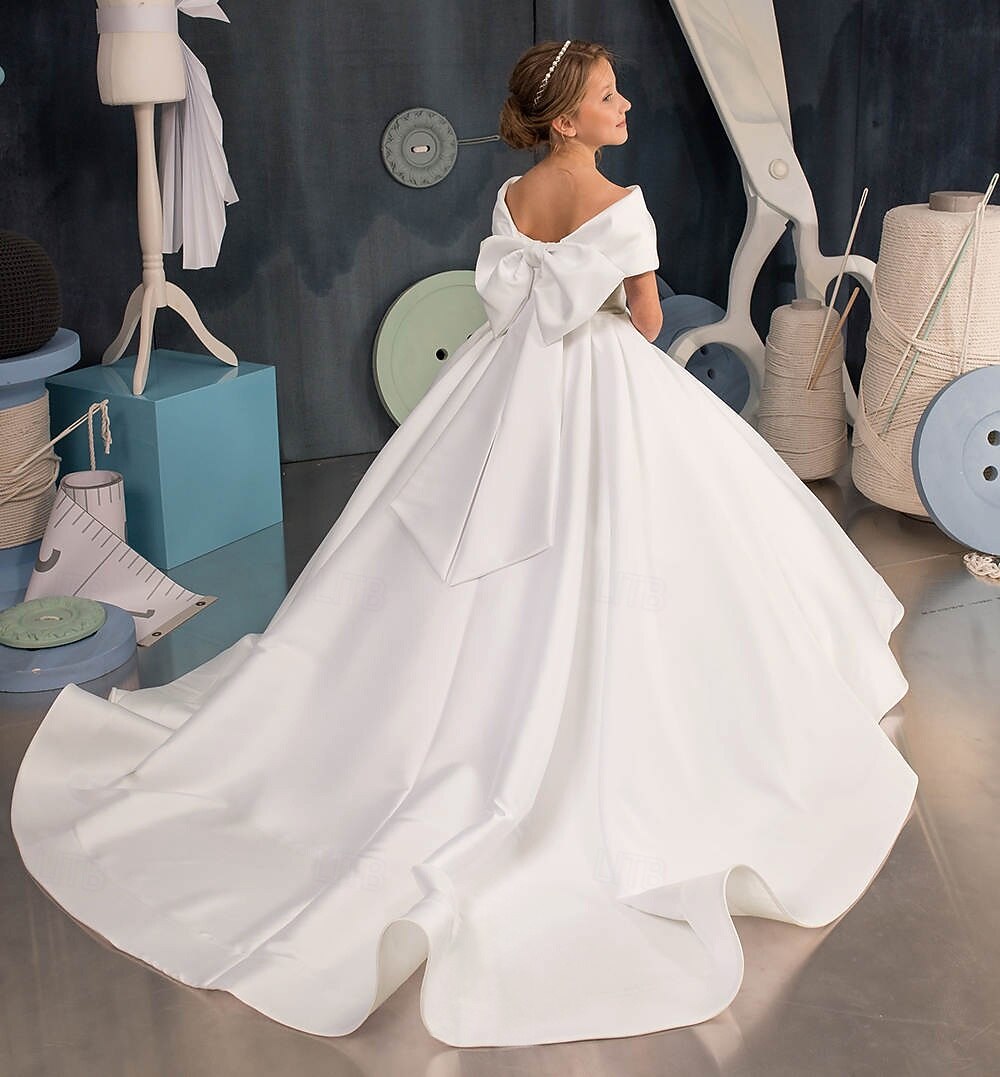 Ball Gown Sweep Brush Train Flower Girl Dress First Communion Girls Cute Prom Dress Satin with Bow(s) Elegant Fit 3-16 Years 2026 - $80.99 –P1