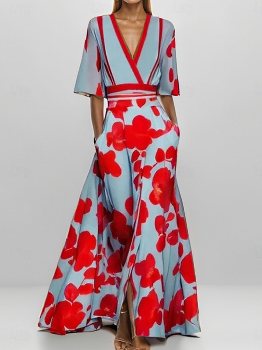 Damskie Sukienka midi Codzienne sukienki Sukienka w kwiatki Elegancja Moda Nowoczesny Na zewnątrz Urlop Wyjściowe Regularny Kwiaty Rękaw 1/2 W serek Biały Czerwony Lato Wiosna 2026 - $39.99 –P4