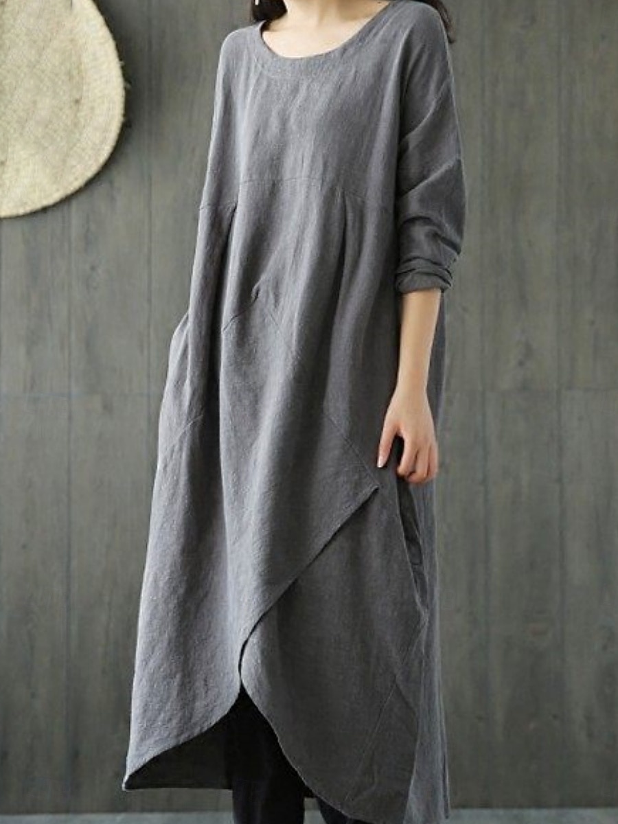 Women's Midi Dress Shift Dress Casual Daily Loose Fit Plain 3/4 Length Sleeve Crew Neck Black Green Gray Summer Fall Autumn 2026 - $24.99 –P9