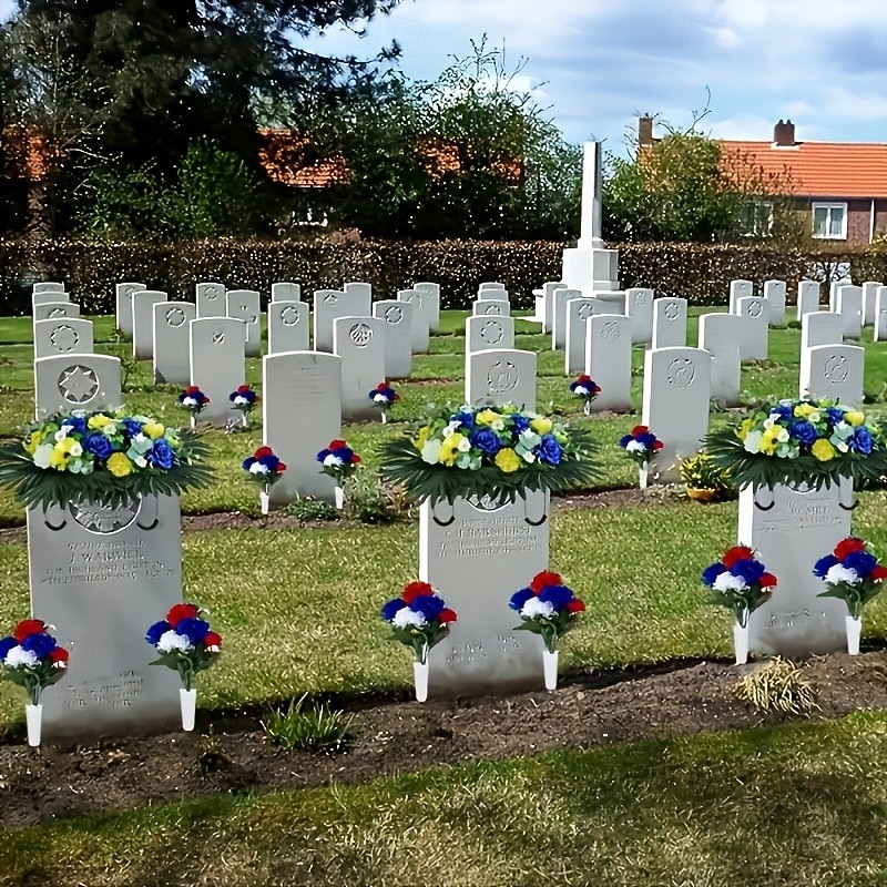 5 balení hřbitovních květin na hrob, 7 hlav, umělé červené, modré, bílé, šeříkové, vlastenecké, umělé hedvábné květiny na hřbitov, Den veteránů, dekorace na stůl ke Dni nezávislosti, 4. července 2026 - $19.99 –P3