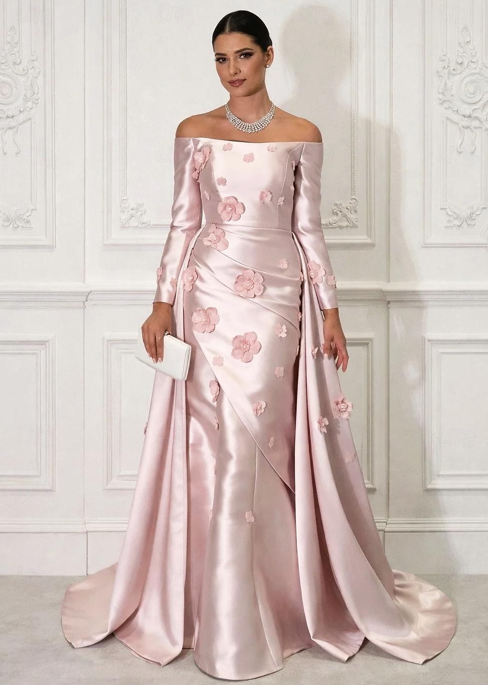 Linea ad A Strascico a Terra Abito da Sera Abito da ballo con sopragonna Elegante Scintillante Floreale Manica Lunga Scollo a Barca Festa serale Matrimonio Vestito Rosa Raso con Fiore ricamato Spacco del 2026 a $194.99 –P1