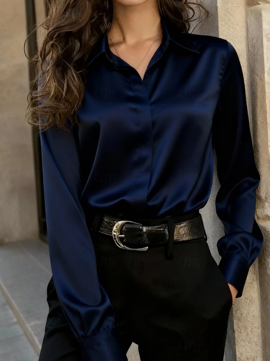Dámská halenka saténová košile s knoflíky jednobarevná elegantní stylová ležérní košile s dlouhým rukávem a límečkem standardní tílko kancelářská práce černá bílá tmavě modrá šedá jaro podzim 2026 - $26.99 –P4