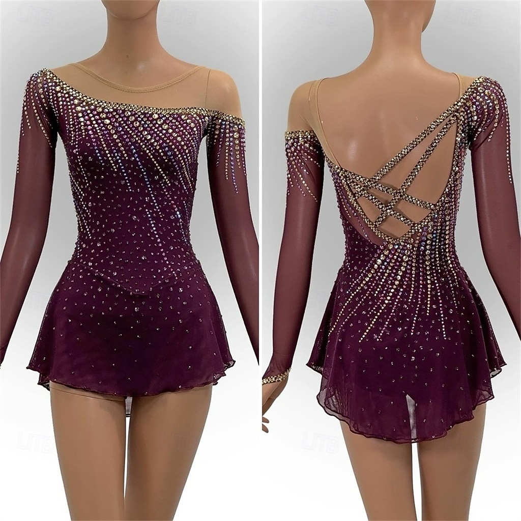 Figure Skating Dress Girls' Ice Skating Dress Fuchsia Patchwork Open Back Stretchy Training Competition Skating Wear Classic Crystal / Rhinestone Long Sleeve Ice Skating Figure Skating 2026 - $316.39 –P3