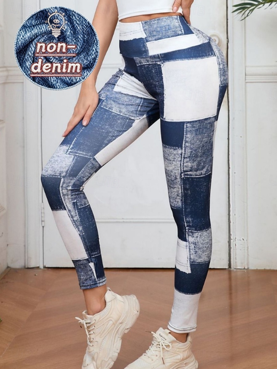 Damen Jeans Leggings Jeggings Urlaub Streetwear Lässig Volle Länge Mittlere Taillenlinie Karomuster Patchwork Tasche Bequem Hohe Elastizität Täglich Heim Outdoor Schwarzgrau Hellblau-Weiß Frühling 2026 - $13.99 –P1
