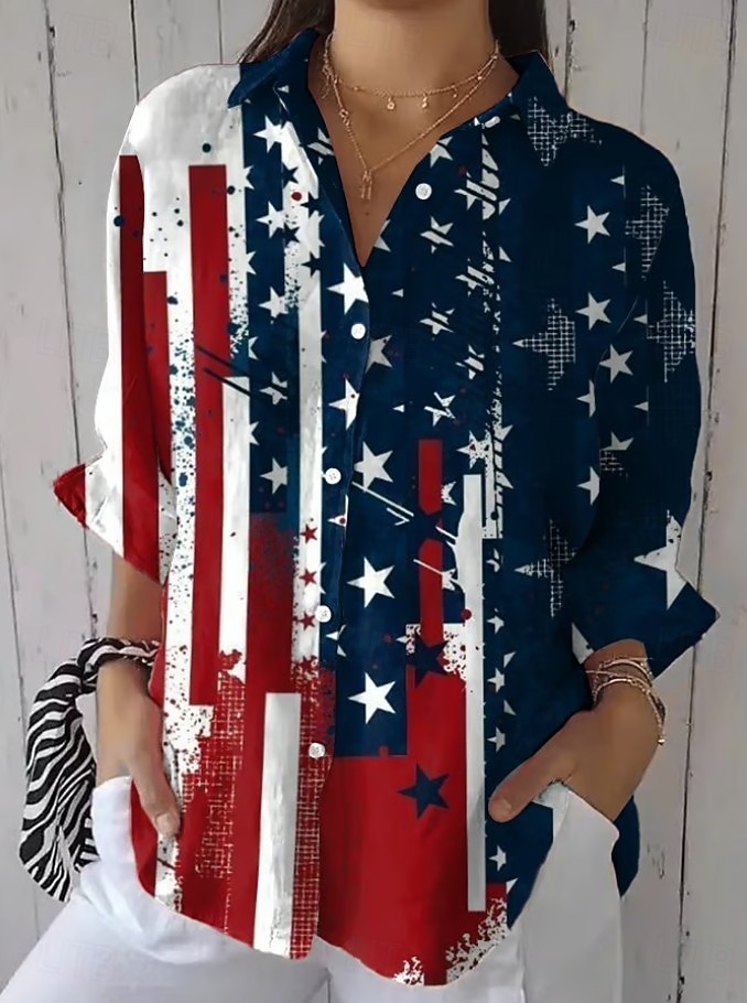 Amerikanischer Unabhängigkeitstag Damen Hemd Gerafft Blumen Grafik Flagge Vintage Stilvoll Langarm Flattrige Ärmel Glockenärmel Hemdkragen Normale Oberteile Täglich Arbeit Ferien Blau Schwarz Rot 2026 - $39.99 –P1