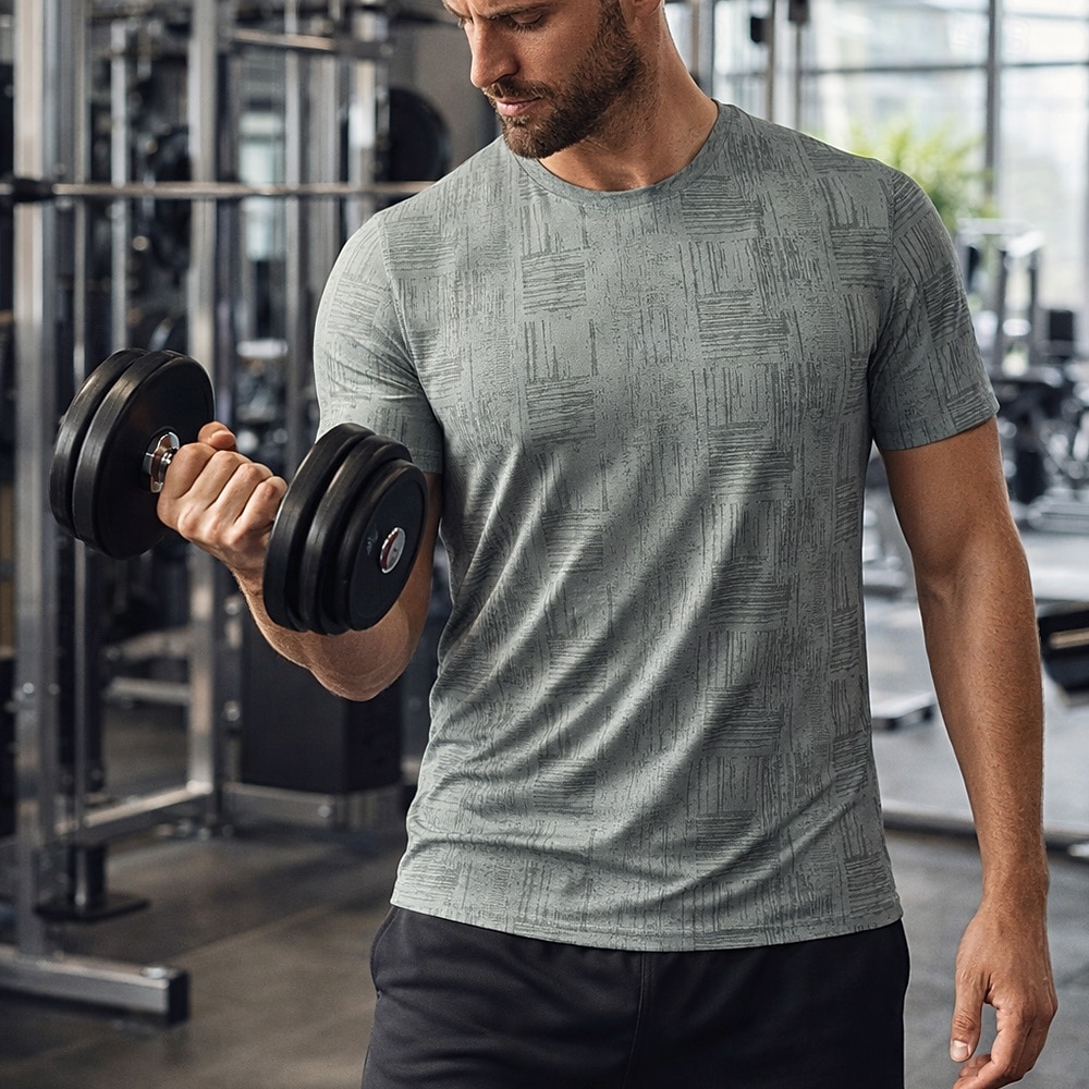 رجالي منقوش   متقلب تيشيرت للجري قميص ضاغط قميص رياضي قمة الرياضة الصيف كم قصير سريع جاف رطوبة فتل متنفس تمرين نادي رياضي المشي الركض أزرق سكني غامق مشمشي ملابس رياضية ألبسة رياضية 2026 - $18.99 –P4