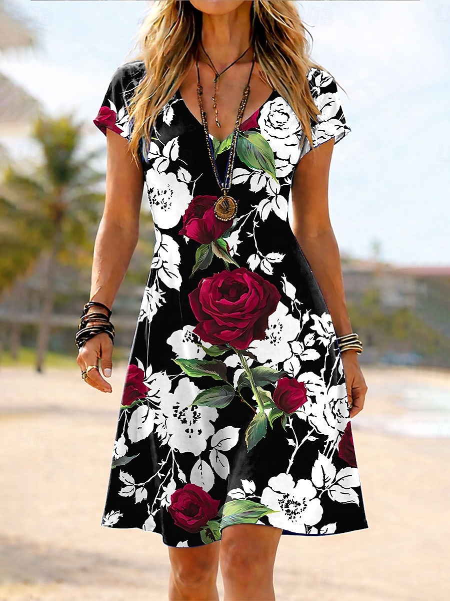 Mujer Vestido hasta la Rodilla Vestido de verano Vestido estilo camiseta Vestido de una línea Vacaciones Casual Boho Playa Ajuste regular Floral Graphic Manga Corta Escote en Pico Azul Piscina Rosa 2026 - $24.99 –P1