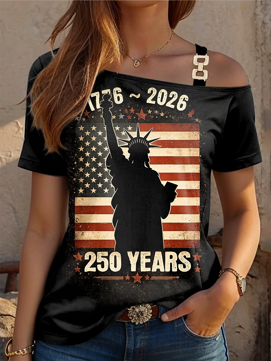 2026年 アメリカ独立記念日 女性用 Tシャツ プリント アシメントリー グラフィック アメリカの国旗 ヴィンテージ ファッション カジュアル 半袖 ワンショルダー レギュラートップス 日常 お出かけ 週末 ブラック ルビーレッド カーキ色 夏 春  コレクション – $21.99 –P1