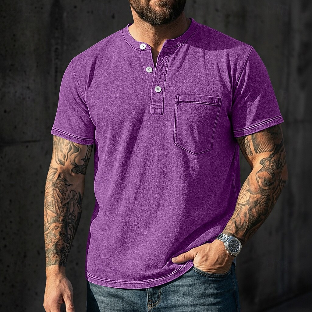 Pánské Tričko Henley Košile ze 100% bavlny Tričko Tričko Krátký rukáv Jednobarevné Retro Na běžné nošení Retro styl Barvení oděvů Vybledlý Henley Ležérní Léto Jaro Podzim Světlá růžová Šedá Tričko 2026 - $31.99 –P6