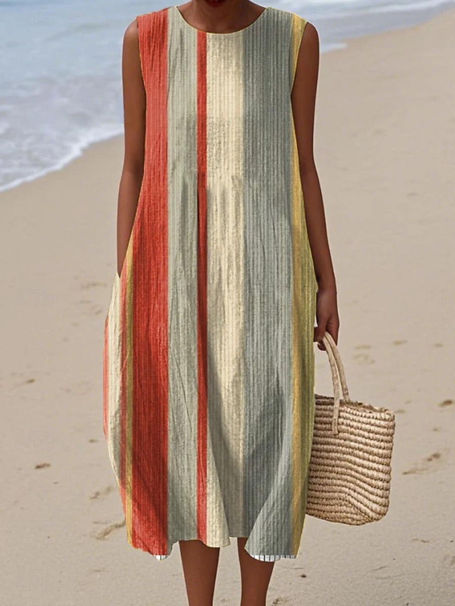 Women's Midi Dress Shift Dress Sundress A Line Dress Vacation Casual Boho Beach Going out Loose Fit Graphic Geometric Abstract Sleeveless Crewneck White Yellow Green Khaki Summer Spring 2026 - $37.99 –P2
